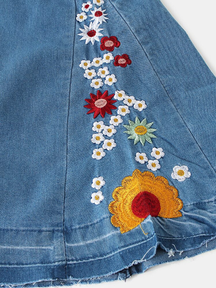 Blomsterbroderi For Kvinner Stilig Uformelle Jeans Med Klokkebunn Med Lommer