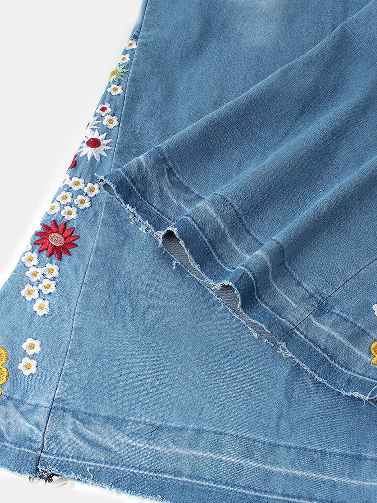 Blomsterbroderi For Kvinner Stilig Uformelle Jeans Med Klokkebunn Med Lommer