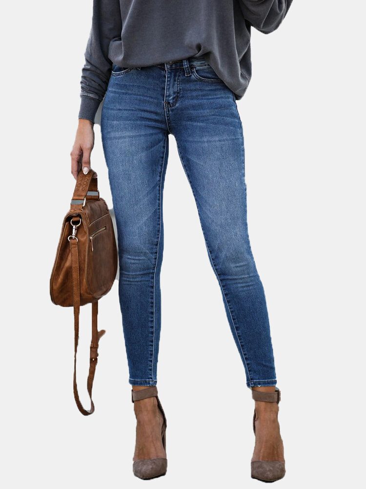 Casual Dame Glidelås Slim Lang Denim Jeans