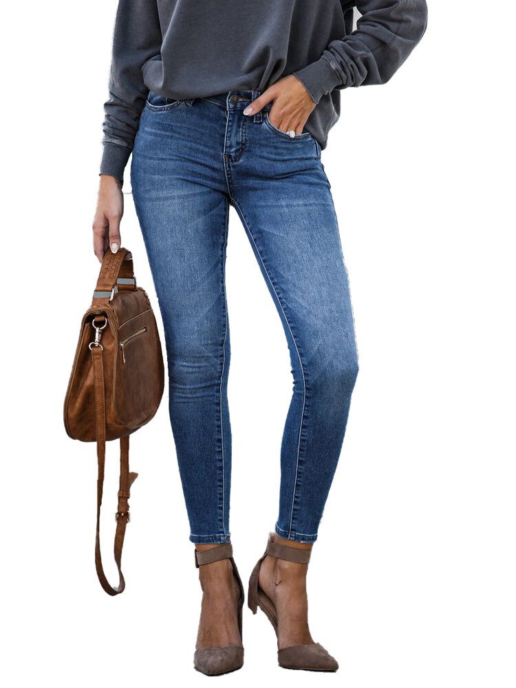 Casual Dame Glidelås Slim Lang Denim Jeans