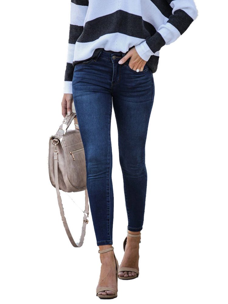 Casual Dame Glidelås Slim Lang Denim Jeans