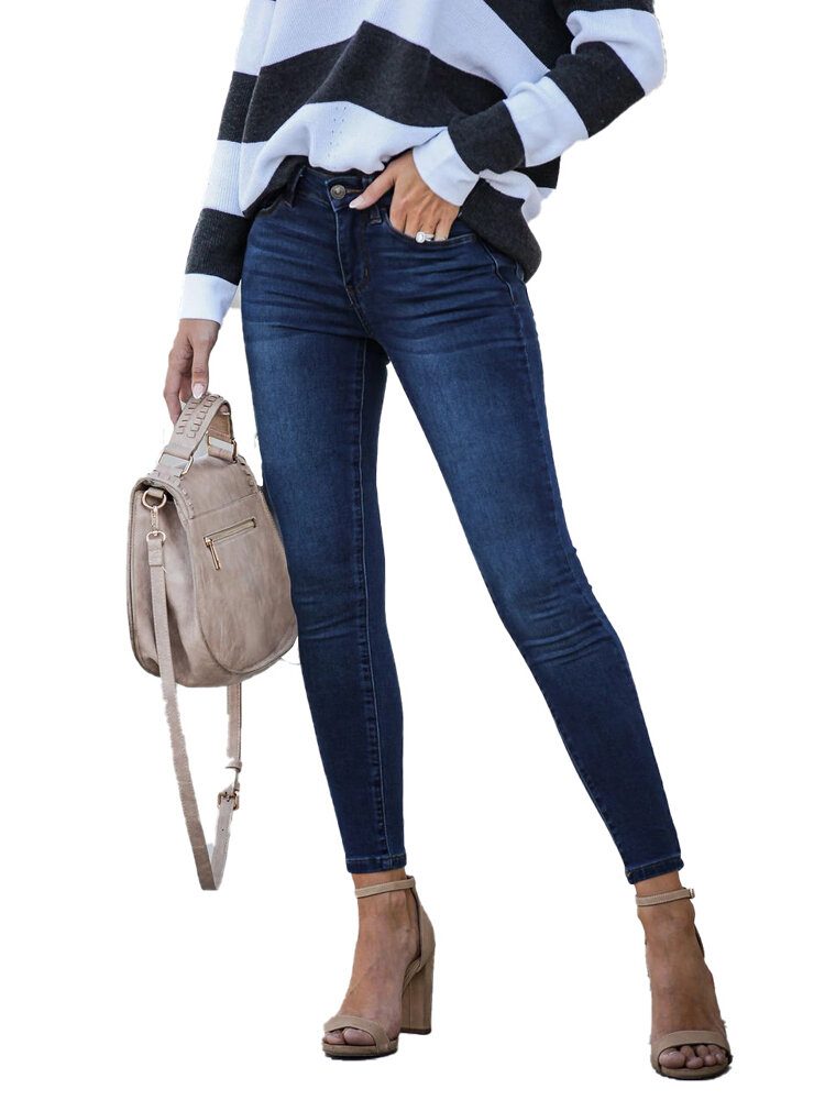 Casual Dame Glidelås Slim Lang Denim Jeans