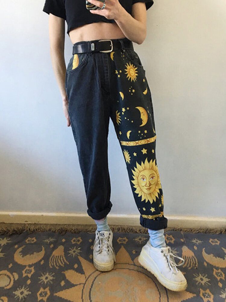 Dame Design Cartoon Disk Sun Moon Print High Waist Jeans