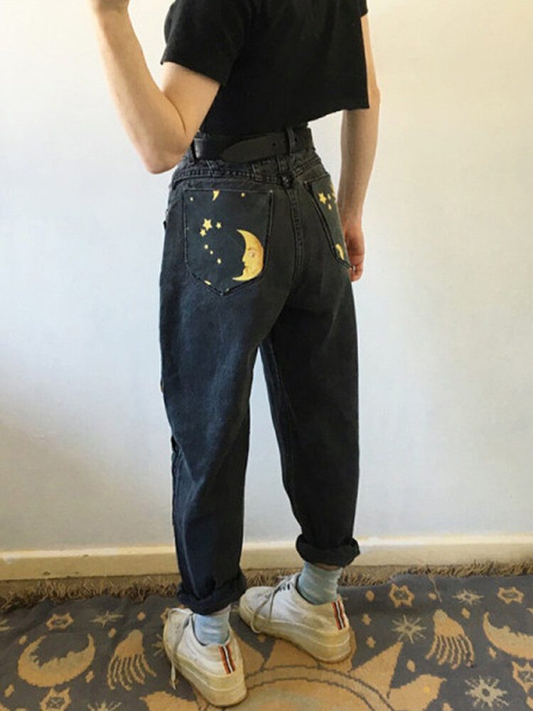 Dame Design Cartoon Disk Sun Moon Print High Waist Jeans