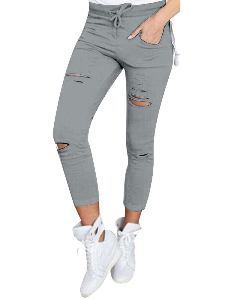 Kvinner Årsakshull Høy Midje Løs Solid Skinny Jeans