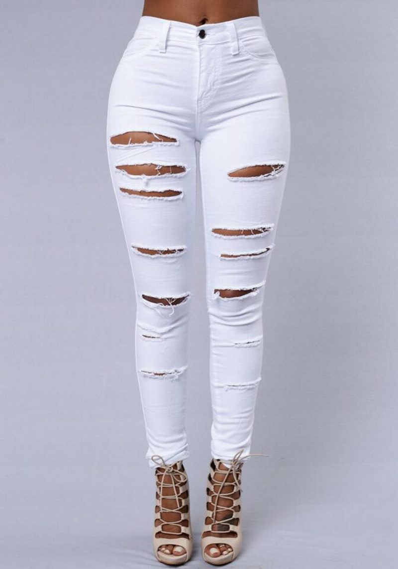 Kvinner Casual Skinny Random Ripped Solid Jeans For Women