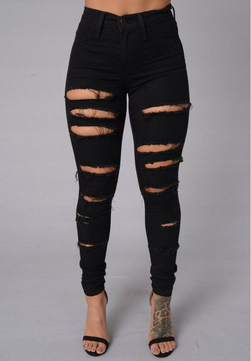 Kvinner Casual Skinny Random Ripped Solid Jeans For Women