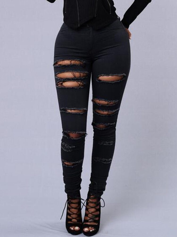 Kvinner Casual Skinny Random Ripped Solid Jeans For Women