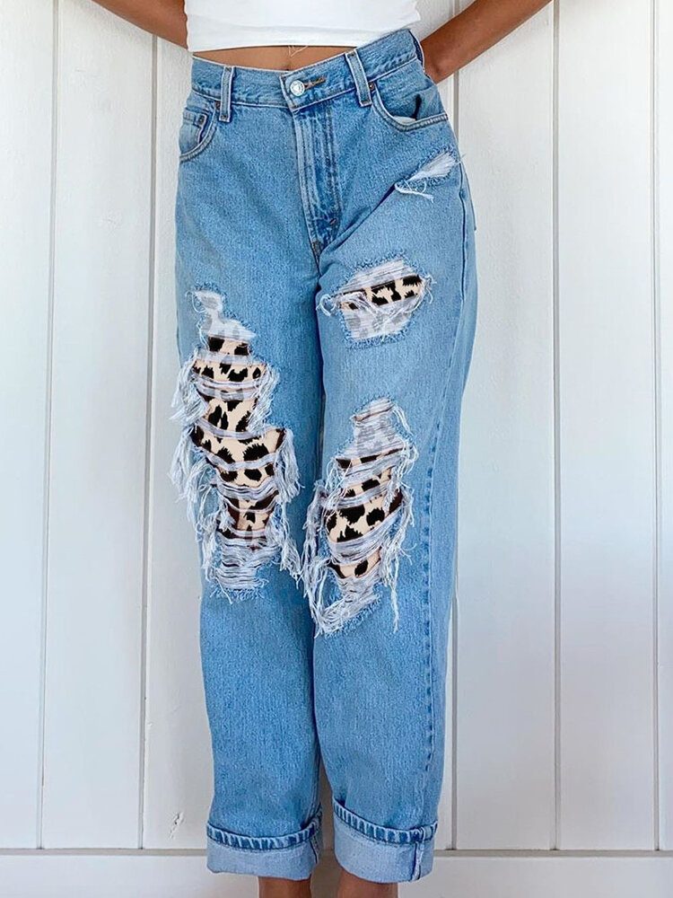 Kvinner Ripped Leopard Frynsete Distressed Stiv Mid Waist Casual Jeans