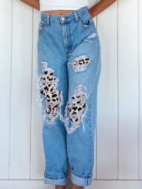 Kvinner Ripped Leopard Frynsete Distressed Stiv Mid Waist Casual Jeans