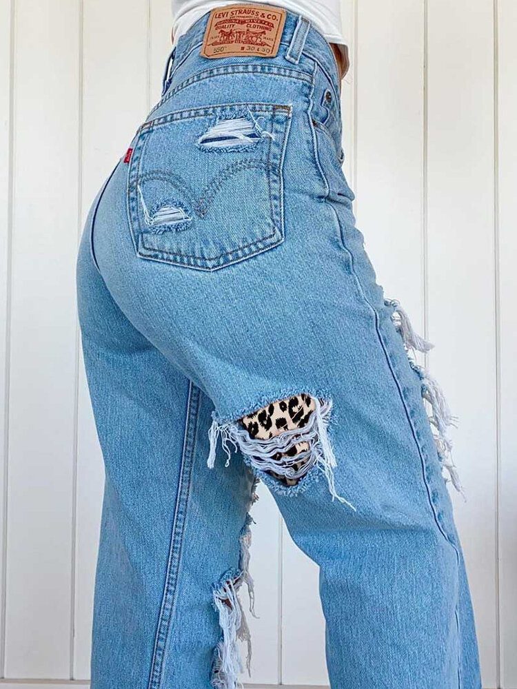 Kvinner Ripped Leopard Frynsete Distressed Stiv Mid Waist Casual Jeans