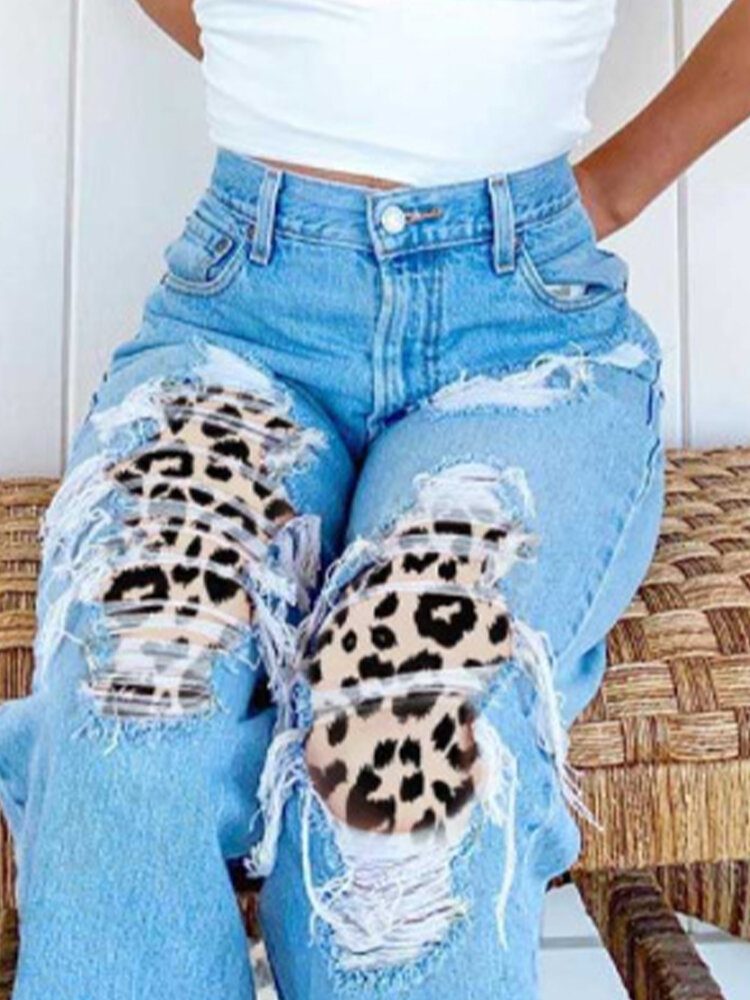 Kvinner Ripped Leopard Frynsete Distressed Stiv Mid Waist Casual Jeans