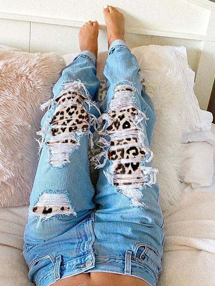 Kvinner Ripped Leopard Frynsete Distressed Stiv Mid Waist Casual Jeans