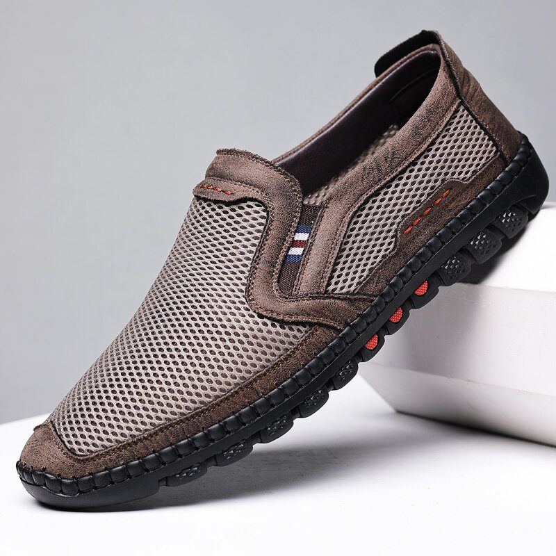 Herre Kuskinn Pustende Mesh Uthult Myk Bunn Slip-on Flate Fritidssko