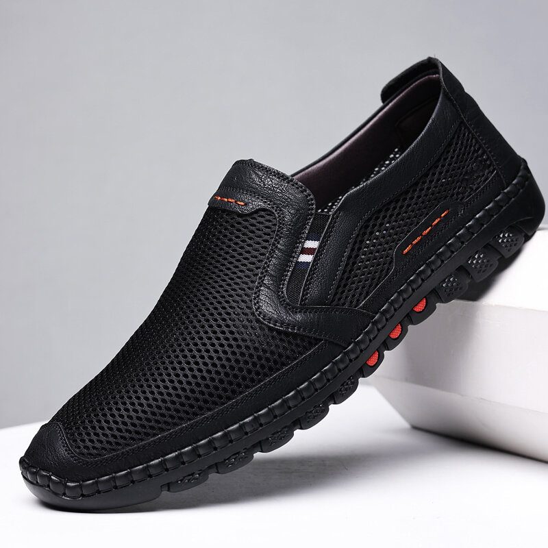 Herre Kuskinn Pustende Mesh Uthult Myk Bunn Slip-on Flate Fritidssko