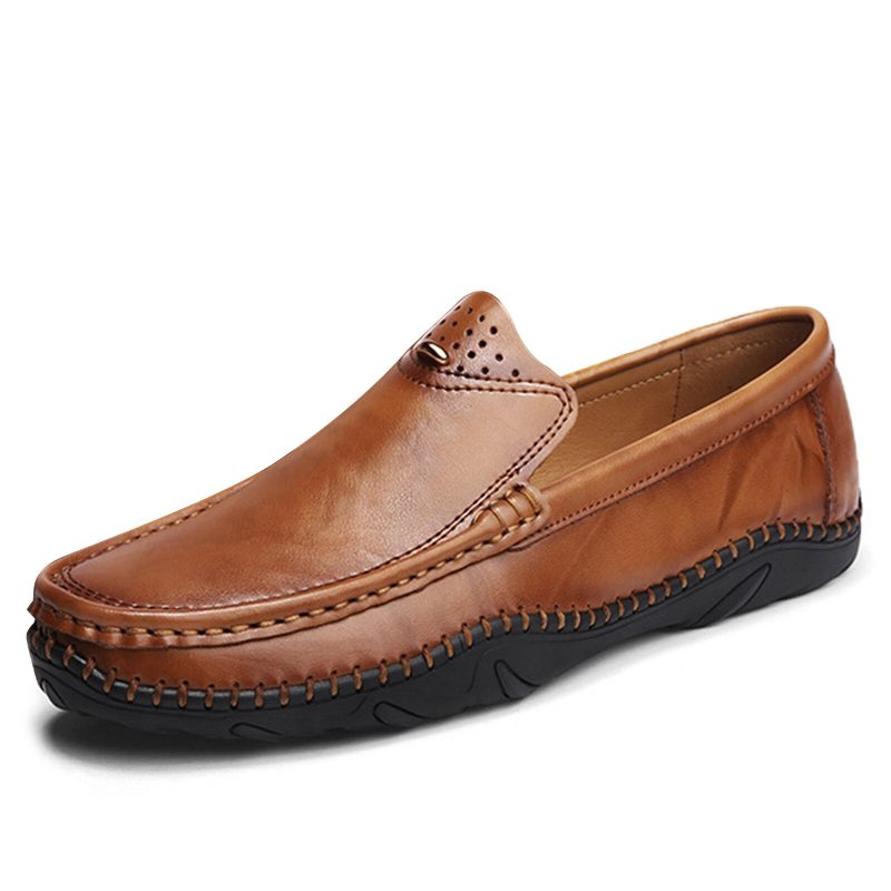 Menn Retro Ekte Skinn Slip On Stitching Business Arbeid Uformelt Kjøre Loafers Sko