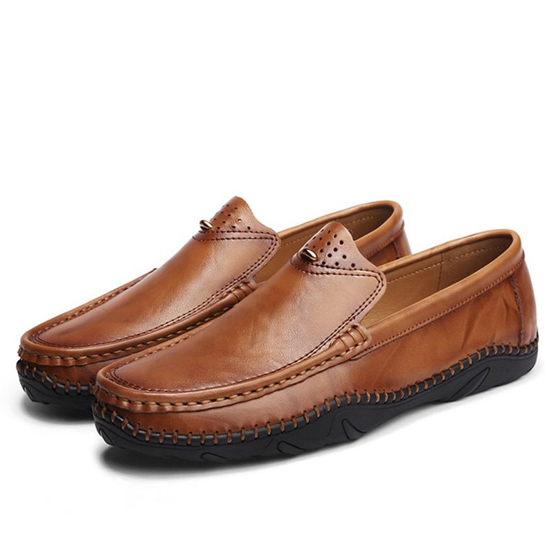 Menn Retro Ekte Skinn Slip On Stitching Business Arbeid Uformelt Kjøre Loafers Sko