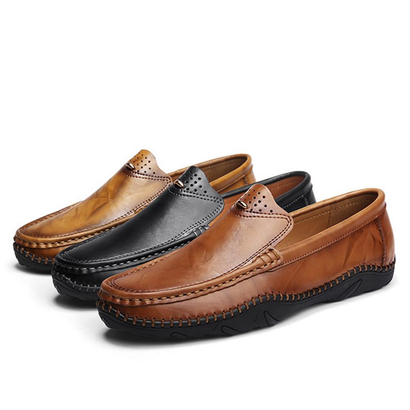 Menn Retro Ekte Skinn Slip On Stitching Business Arbeid Uformelt Kjøre Loafers Sko