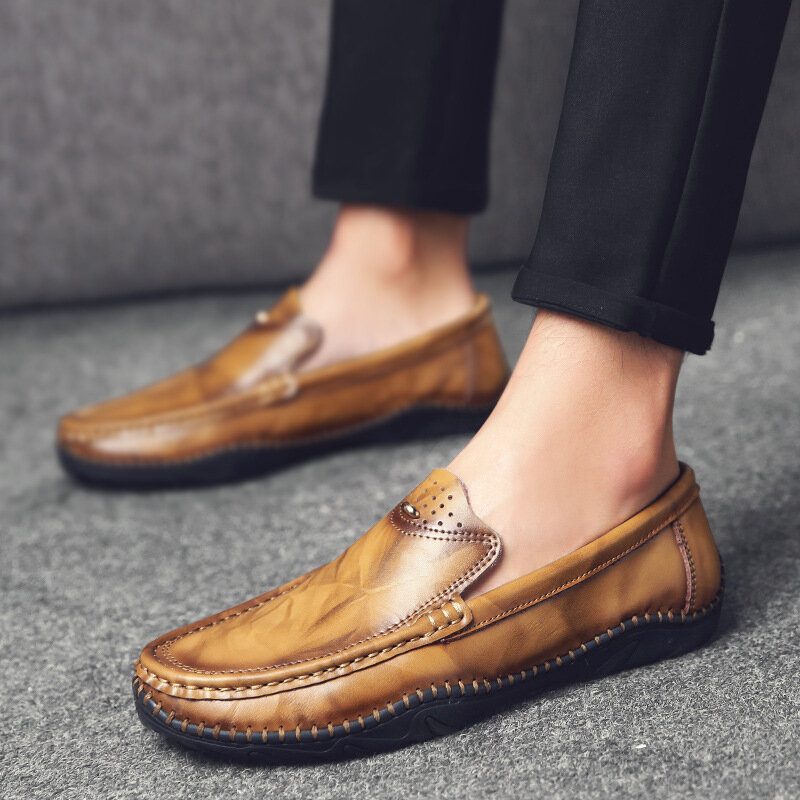 Menn Retro Ekte Skinn Slip On Stitching Business Arbeid Uformelt Kjøre Loafers Sko