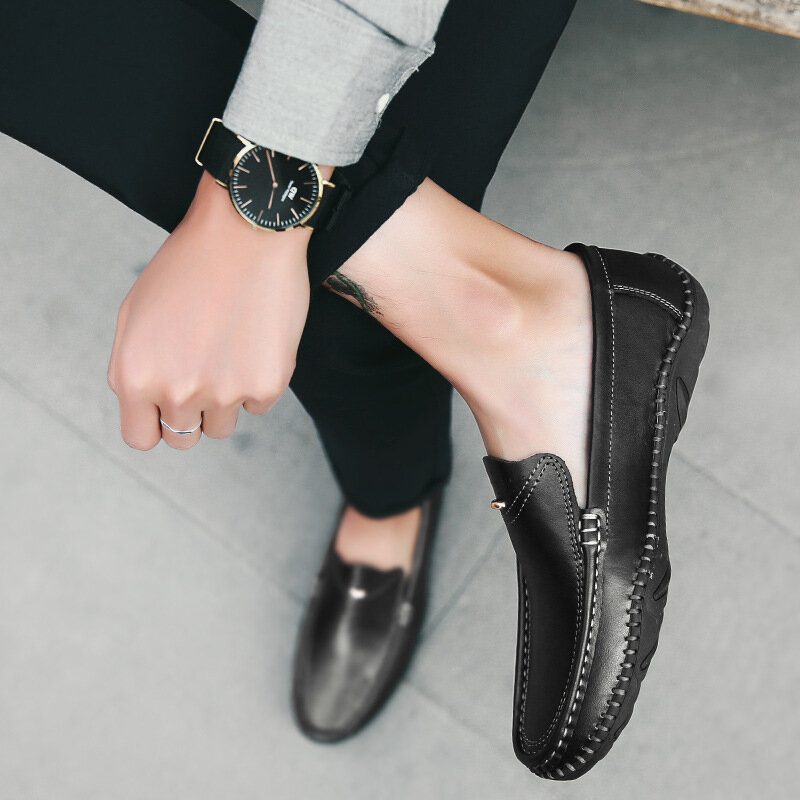 Menn Retro Ekte Skinn Slip On Stitching Business Arbeid Uformelt Kjøre Loafers Sko