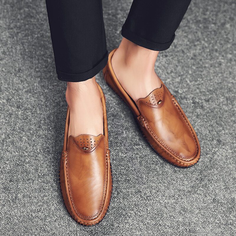 Menn Retro Ekte Skinn Slip On Stitching Business Arbeid Uformelt Kjøre Loafers Sko