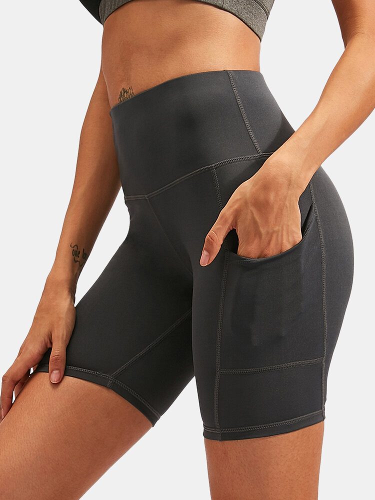 Dame Ensfarge Quick Dry Yoga Sport High Elastisk Shorts Med Sidelomme