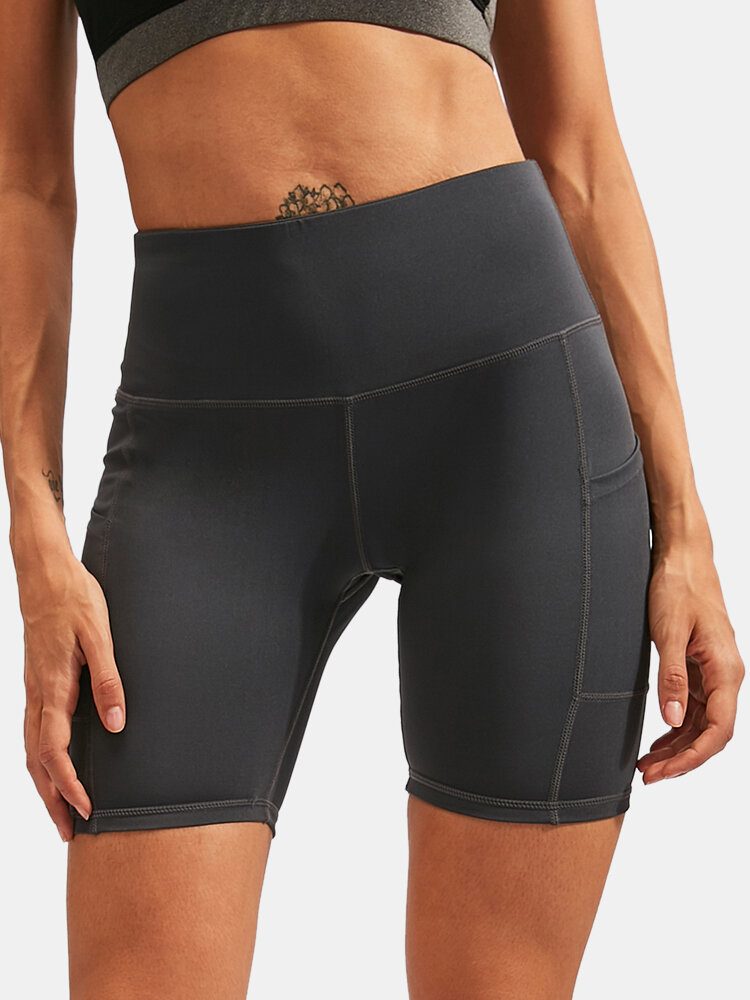 Dame Ensfarge Quick Dry Yoga Sport High Elastisk Shorts Med Sidelomme