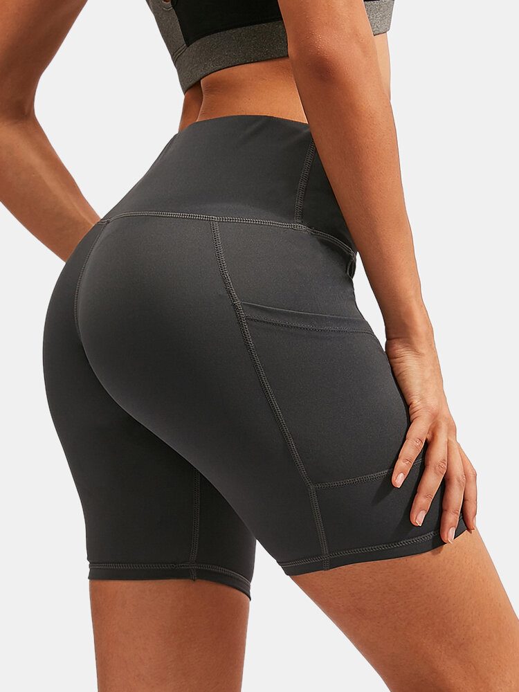 Dame Ensfarge Quick Dry Yoga Sport High Elastisk Shorts Med Sidelomme