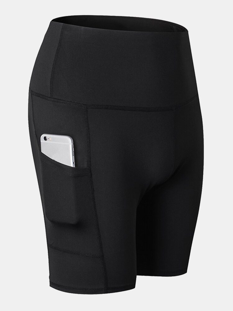 Dame Ensfarge Quick Dry Yoga Sport High Elastisk Shorts Med Sidelomme