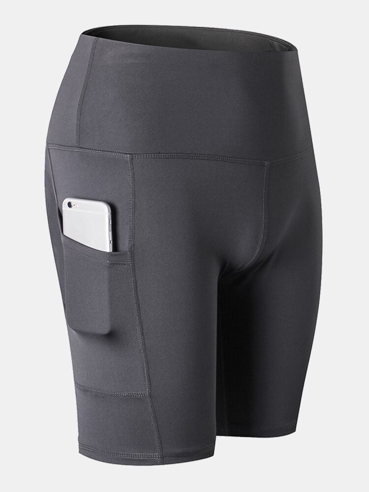 Dame Ensfarge Quick Dry Yoga Sport High Elastisk Shorts Med Sidelomme