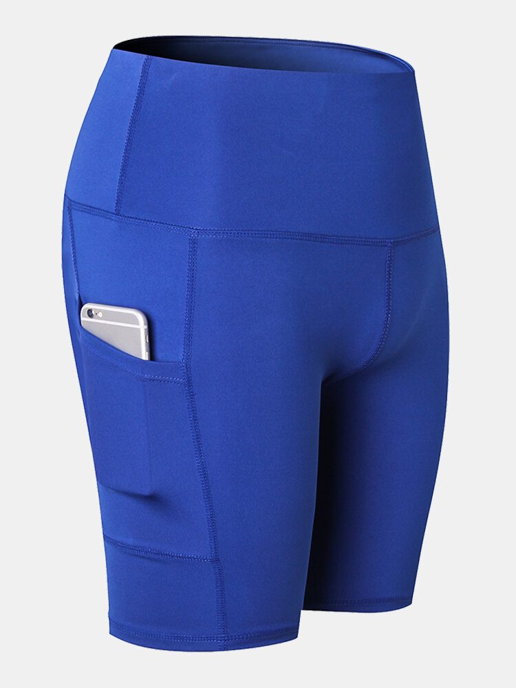 Dame Ensfarge Quick Dry Yoga Sport High Elastisk Shorts Med Sidelomme