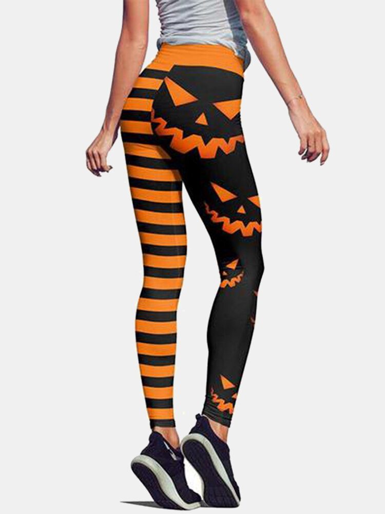 Halloween Kvinner Gresskar Stripe Print Høy Midje Hofteløftende Sport Bukser