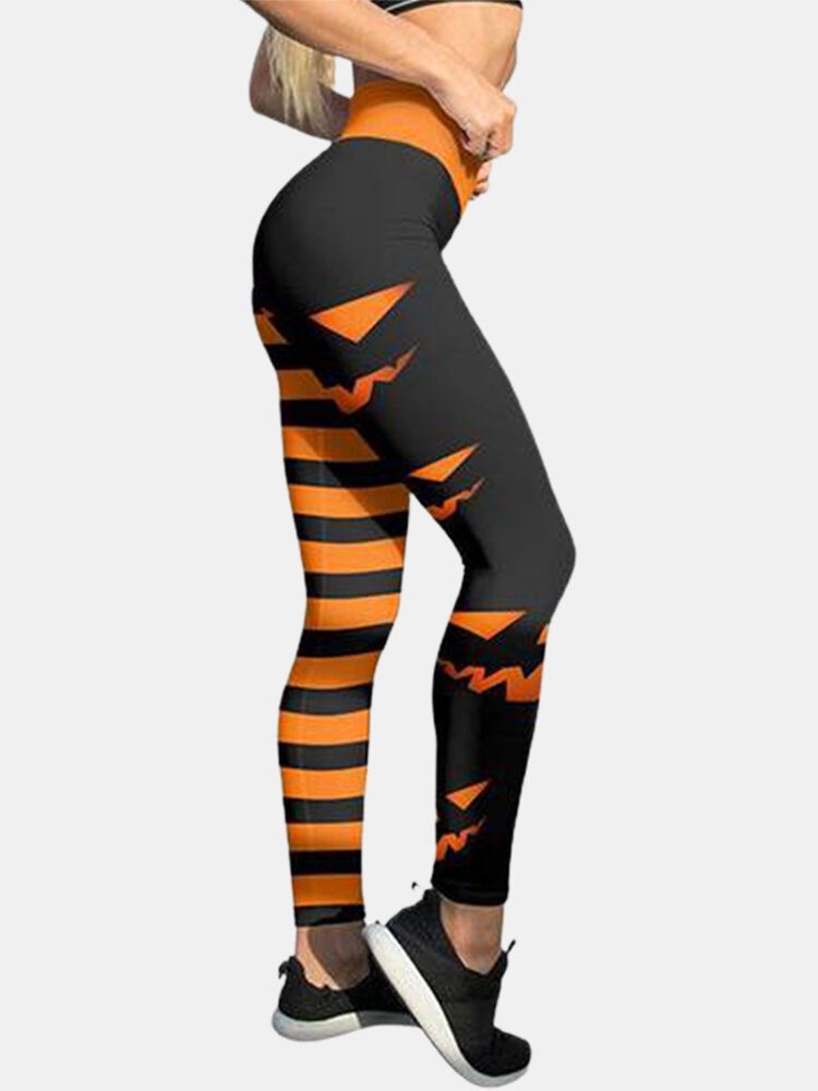 Halloween Kvinner Gresskar Stripe Print Høy Midje Hofteløftende Sport Bukser