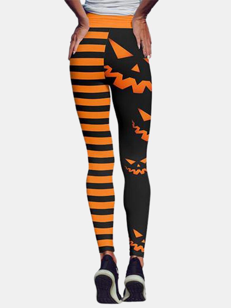 Halloween Kvinner Gresskar Stripe Print Høy Midje Hofteløftende Sport Bukser