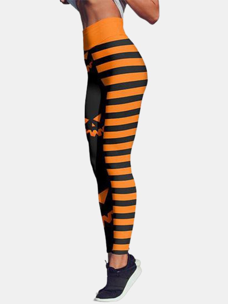 Halloween Kvinner Gresskar Stripe Print Høy Midje Hofteløftende Sport Bukser