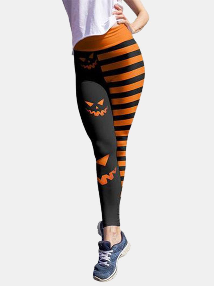 Halloween Kvinner Gresskar Stripe Print Høy Midje Hofteløftende Sport Bukser