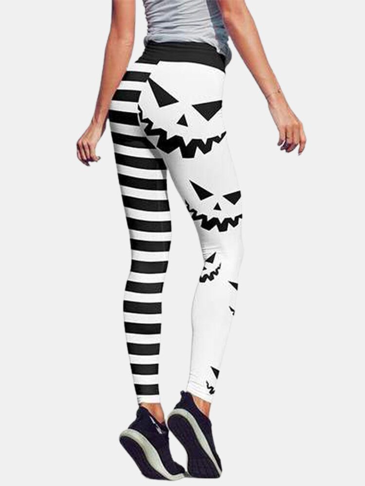 Halloween Kvinner Gresskar Stripe Print Høy Midje Hofteløftende Sport Bukser