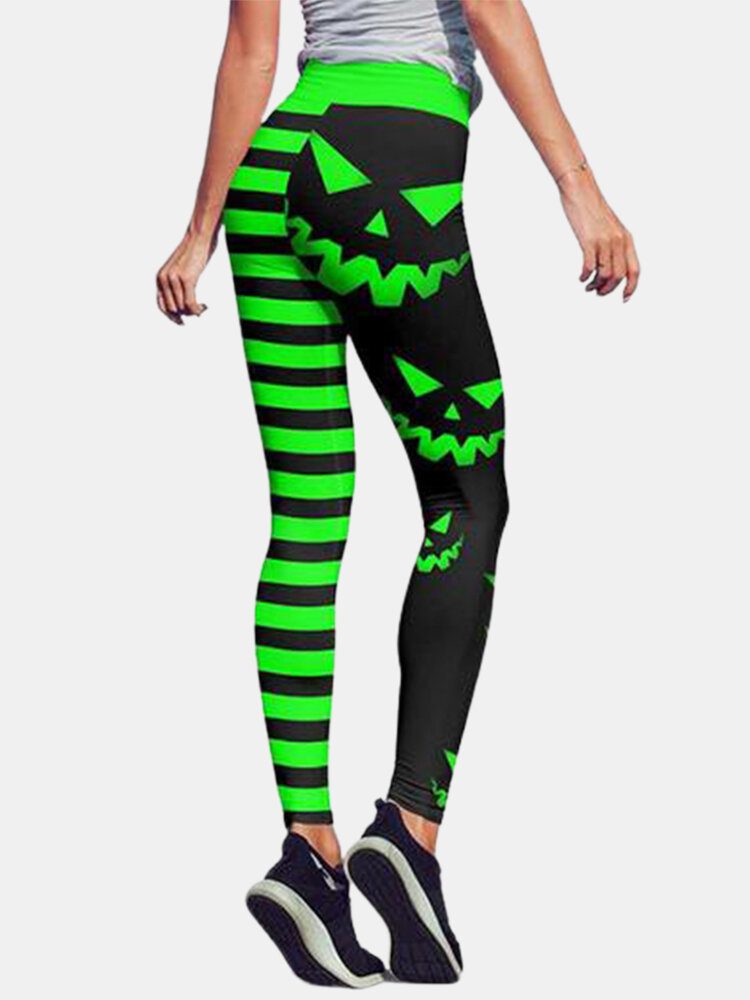 Halloween Kvinner Gresskar Stripe Print Høy Midje Hofteløftende Sport Bukser