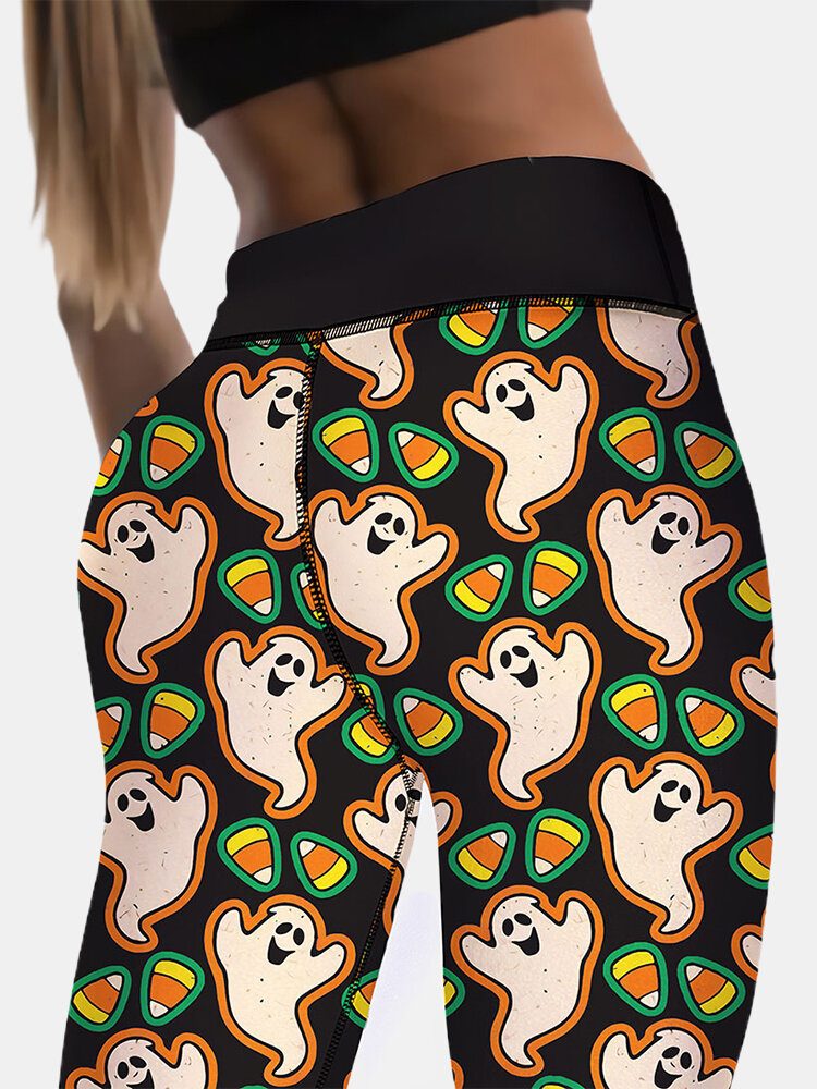 Halloween Stil Kvinner Ghost Print Høy Midje Hofteløfting Slanke Sport Yoga Bukser