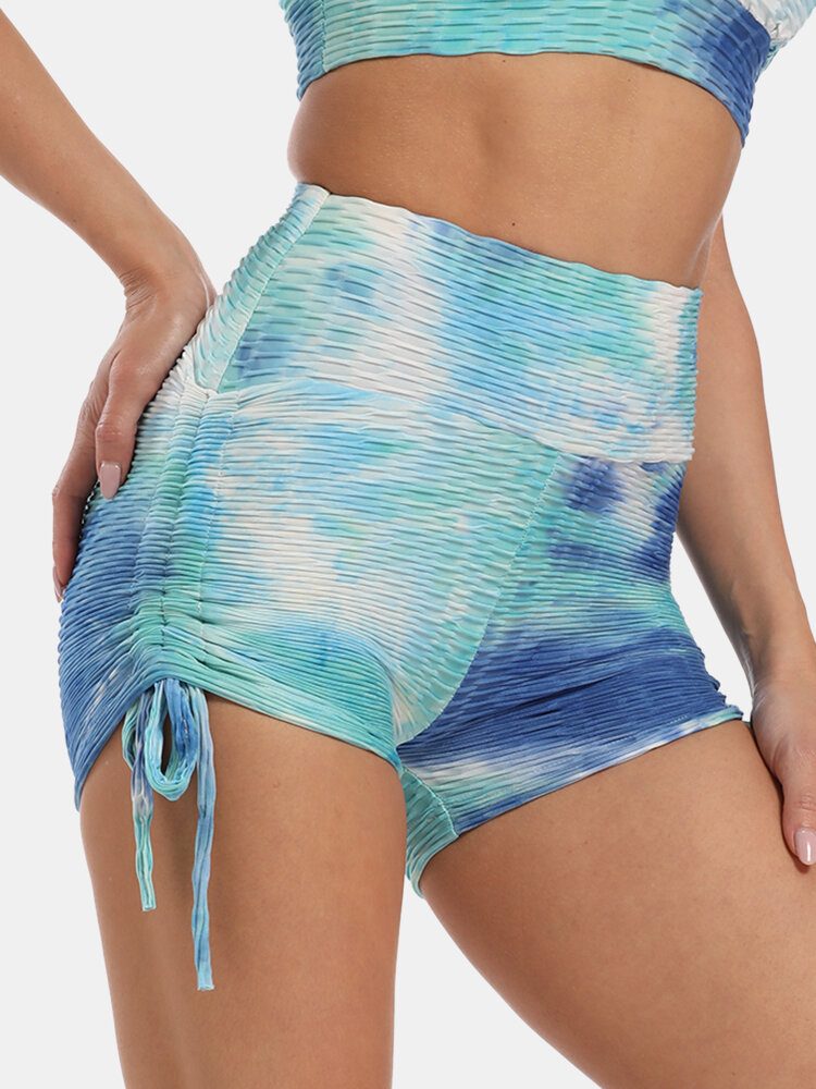 Kvinner Tie Dye Jacquard Side Snøring Yoga Soprt High Waist Shorts