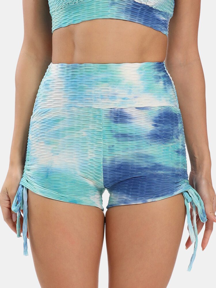 Kvinner Tie Dye Jacquard Side Snøring Yoga Soprt High Waist Shorts