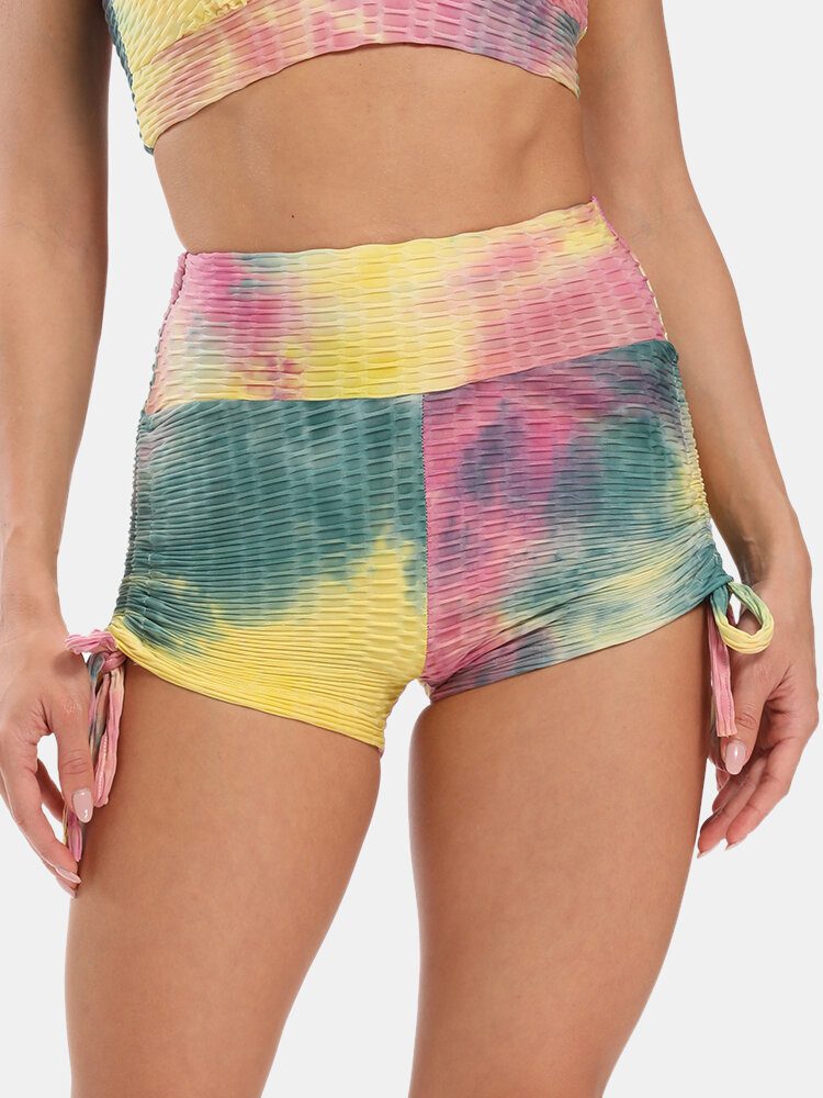 Kvinner Tie Dye Jacquard Side Snøring Yoga Soprt High Waist Shorts