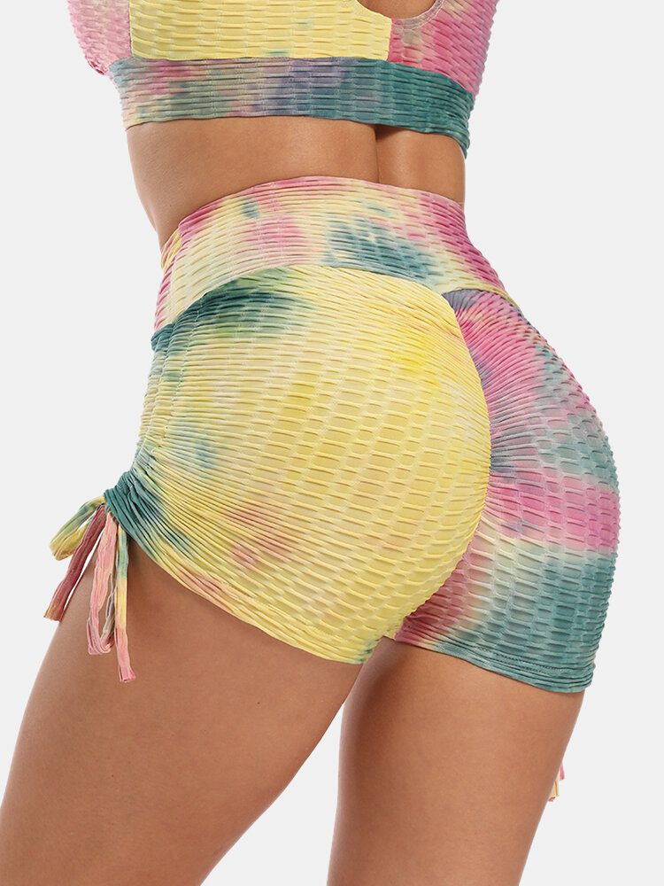 Kvinner Tie Dye Jacquard Side Snøring Yoga Soprt High Waist Shorts