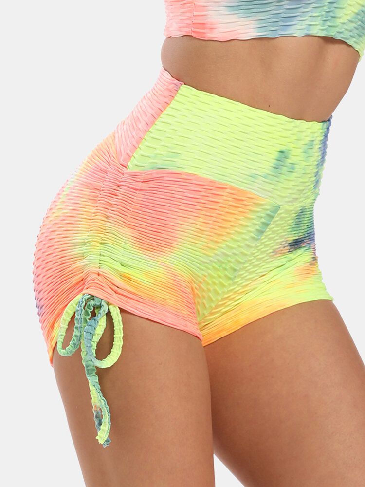 Kvinner Tie Dye Jacquard Side Snøring Yoga Soprt High Waist Shorts