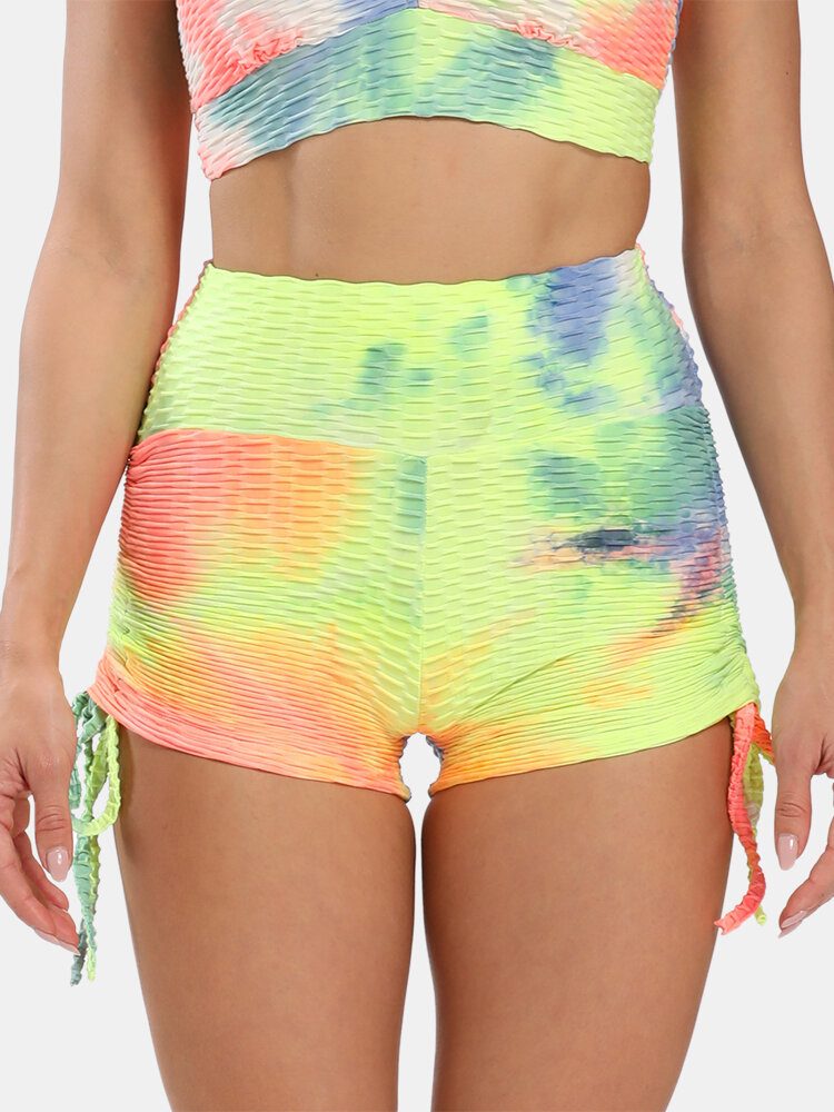 Kvinner Tie Dye Jacquard Side Snøring Yoga Soprt High Waist Shorts