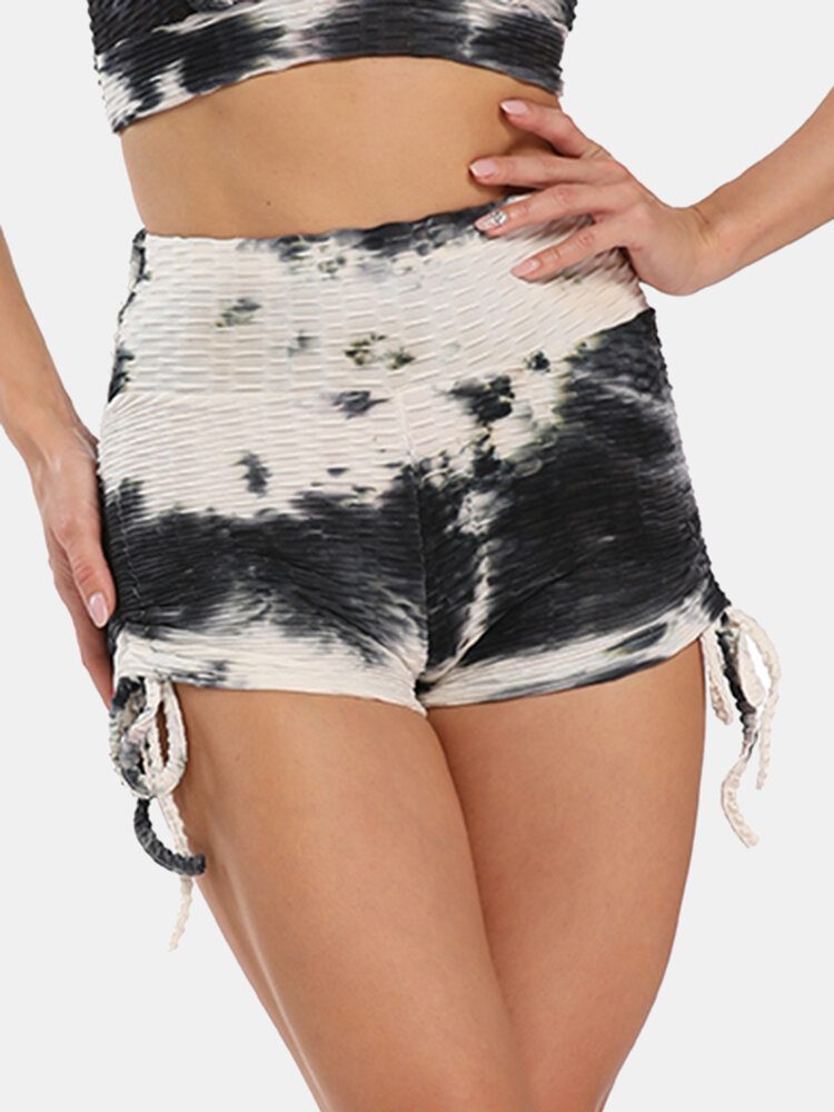 Kvinner Tie Dye Jacquard Side Snøring Yoga Soprt High Waist Shorts