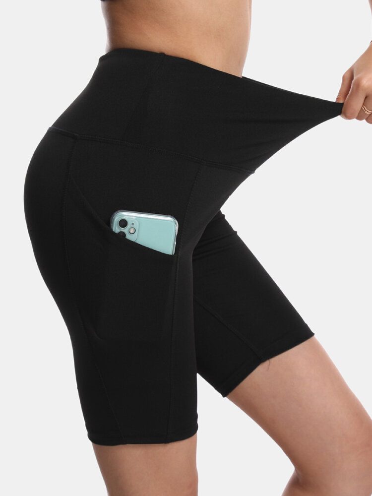 Sport Kvinner Ensfarget Elastisk Høy Midje Yoga Running Biker Shorts Med Lomme