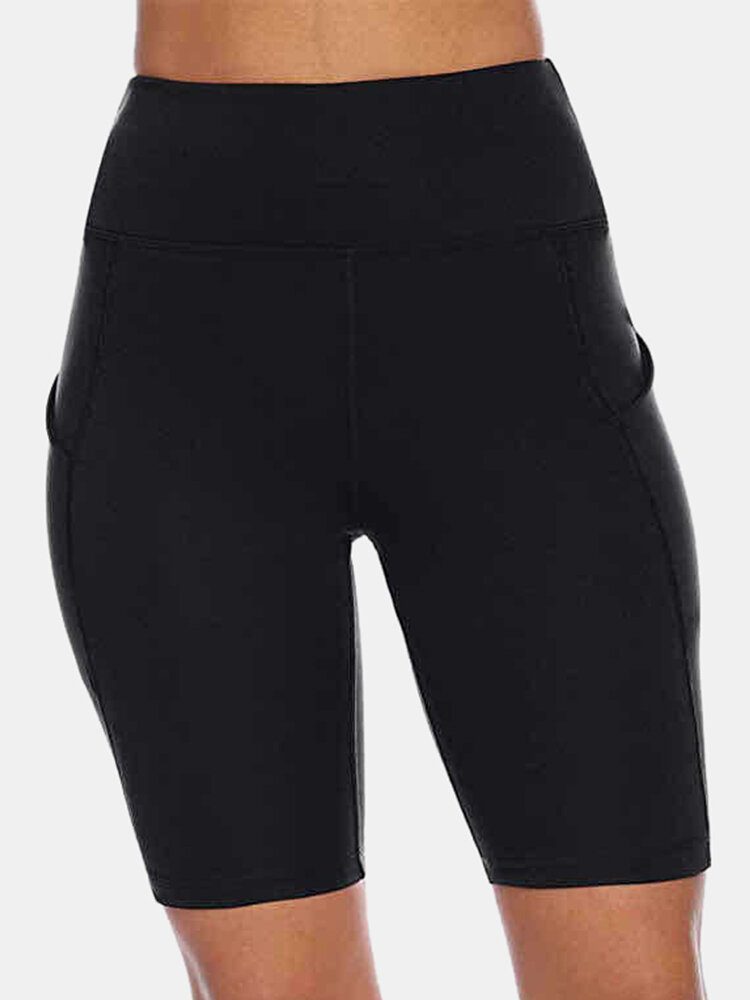 Sport Kvinner Ensfarget Elastisk Høy Midje Yoga Running Biker Shorts Med Lomme