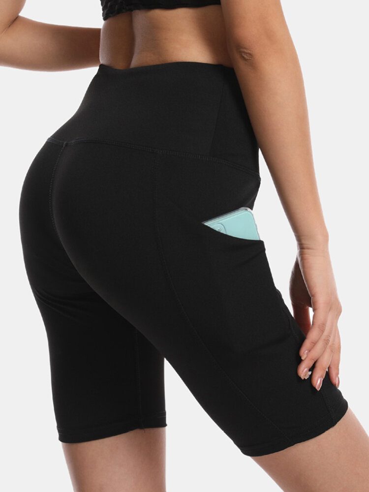 Sport Kvinner Ensfarget Elastisk Høy Midje Yoga Running Biker Shorts Med Lomme