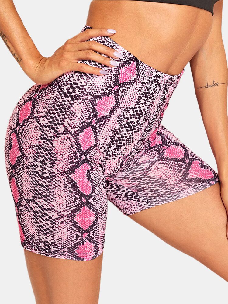 Sport Kvinner Skake-skin Print Yoga High Waist Shorts